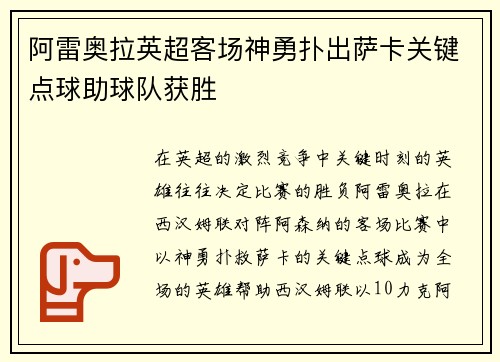 阿雷奥拉英超客场神勇扑出萨卡关键点球助球队获胜 阿雷奥拉英超客场神勇扑出萨卡关键点球助球队获胜